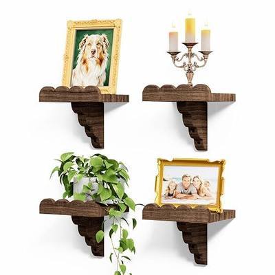 QsQueen Small Scalloped Floating Shelves for Wall, 4 Pack Small Wall Shelf, Solid Paulownia Wood Display Shelves with Matching Brackets for Plants, Bathroom, Bedroom, Living Room & Home Decor