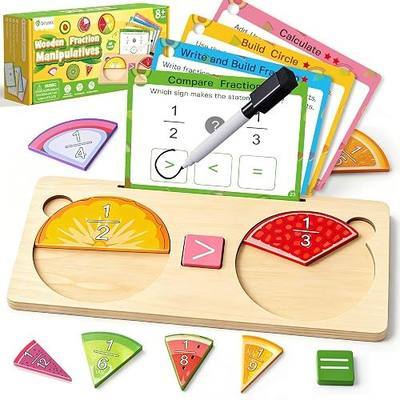 D-FantiX Wooden Fruit Fraction Manipulatives, Wood Fraction Tiles & Fraction Circles Set, Montessori Fractions Learning Kit for Kids, Math Manipulatives for Elementary School | Wooden fraction puzzle