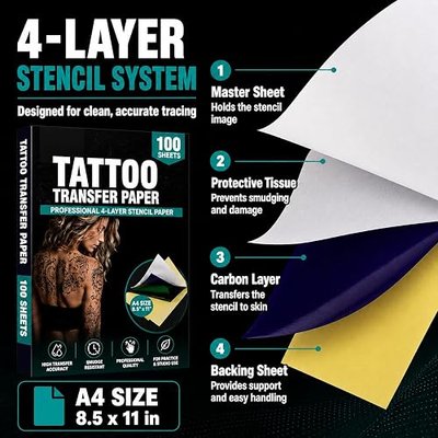 100 Sheets Tattoo Transfer Paper, 4 Layers Professional Tattoo Stencil Transfer Paper, Definition Crisp Transfer, 8.27x12 Inch Universal Size for Artists Studios Beginners DIY Tattoo