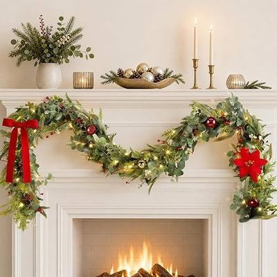 SeasonBliss Christmas Garland with Lights, Glitter Greenery(6ft, 1 Pack) | Poinsettia Flower, Red Bow, Berries, Xmas Balls, Warm Lights & Timer, Holiday Decoration for Mantel, Staircase, Fireplace