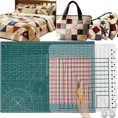 16.5" Slotted Quilting Ruler with A2 Mat & Blades, Non-Slip | 16.5" square, ±0.01 slots, 45/60° angles, ★1.5 ▲2.5, A2 mat, 2 blades, 3mm acrylic, non-slip, batch cut
