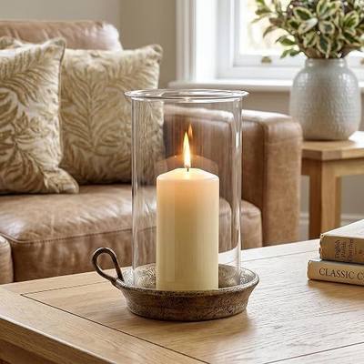 Rustic Pillar Candle Holder with Glass Hurricane Shade, Vintage Brass Cast Iron Candle Holder for 3 Inch Pillar Candles, Decorative Centerpiece for Dining Table, Mantel, Wedding, Patio Decor