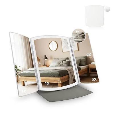 Makeup Mirror, Vanity Mirror with Lights, 2X/5X Magnification, 3 Color Adjustable, Touch Control, Adjustable Angle with Anti-Slip Base, Trifold Travel Mirror with Plush Pendant,White