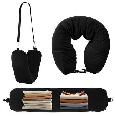 Stuffable Neck Pillow for Travel, Velvet Travel Neck Pillow Storage Bag with Adjustable Necks Size for Airplanes, No Filler Storage Pillows Fits 3+ Days of Travelling Essentials (Black)