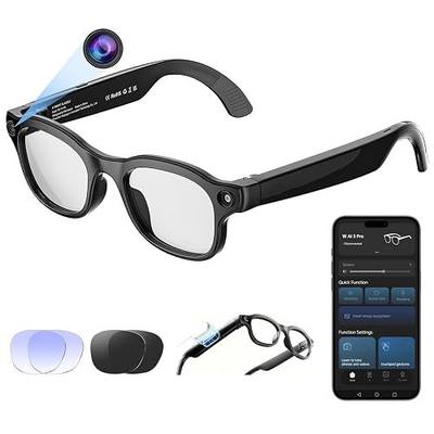AI Smart Glasses with Camera 8MP, 4K Video, Bluetooth Ai Glasses for Men Women, Wireless Charging, Real-Time Translation, Voice Assistant, Object Recognition, Long Battery Life - 3 Lenses