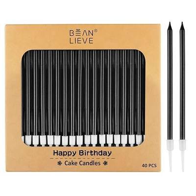BEAN LIEVE 40-Count Black Birthday Candles - Long Thin Metallic Candles, Cake Candles, Birthday Parties, Wedding Decorations, Party Candles, Cake Decorations