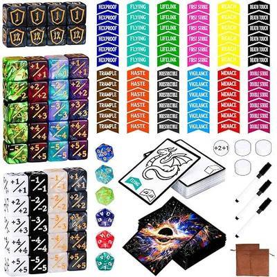 259 PCS MTG Dice Set, Keyword Counters, Dry Erase Tokens Accessories | 6 in 1 - 54 MTG Counters Dice, 72 Keyword Tokens, 50 Dry Erase Proxy Cards, 50 Card Sleeves, 30 Dry Erase Tokens for MTG Game