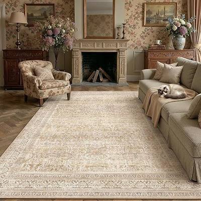 8x10 Beige Neutral Retro Area Rug | Washable, Low Pile, Floral, Soft, Non Slip, Carpet for Living Room Bedroom Dining Room Nursery Office Indoor Home Decor