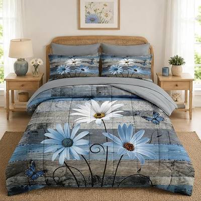 Nesker King Comforter Set with Sheets, 7 Pieces Farmhouse Daisy Bedding | Bed in A Bag for Kids and Adults, All Season, Rustic Blue , 2 Pillowcases & 2 Shams