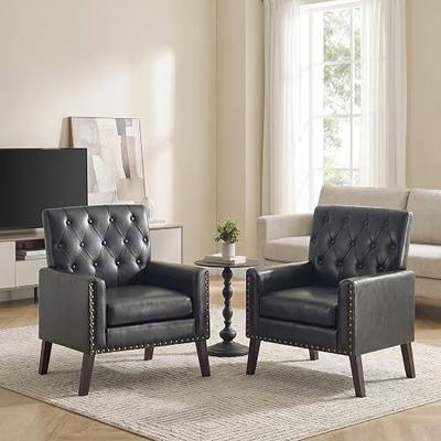 Faux Leather Accent Chair, Modern Upholstered Armchair Set of 2 with Button Tufted Back, Mid Century Comfy Club Chair with Wood Legs Leather Reading Chair for Living Room, Bedroom, Black