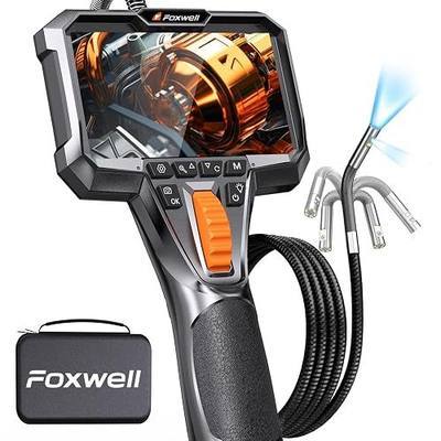 FOXWELL Dual Lens Two-Way Articulating Borescope, 1080P Endoscope Camera | with Light, IPS HD Screen, IP67 Waterproof, 5.3FT Flexible Semi-Rigid Snake Scope for Automotive Engine Pipe Home Inspection