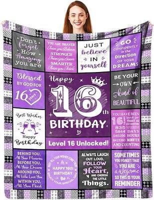 16 Years Old Birthday Blanket Gifts for Girls Daughter Sister Bestie | Personalised 16th Birthday Purple Flanell Blanket Decorations Gifts for 16 Years Old Girls Best Friends, Niece 60"X50"