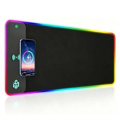 Mouse Pad Gaming Wireless Charging, 800x300x4mm, Black | Supports wireless charging for smartphones and earbuds, features 10 RGB lighting modes. Dimensions: 31.5" L × 11.8" W.