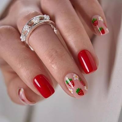 CurvLife Soft Gel Square Press on Nails Short, Reusable Fake Nails with Glue & Adhesive Tabs, 32PCS Salon-Quality Stick-On Nails Long-Lasting for At-Home Manicure (Strawberry Kiss)