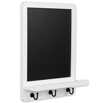 Tirzah 12 x 16 Inch Wall Mounted Magnetic Chalkboard with Shelf and 3 Hooks, White Wood Framed Hanging Memo Board Organizer for Entryway, Kitchen, Home Office