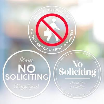 ExcelMark No Soliciting Window Stickers - 2.75" Round Transparent Vinyl Sticker Sign - Select From Sticky Front or Sticky Back For Interior or Exterior Use - 3 Designs (Interior)