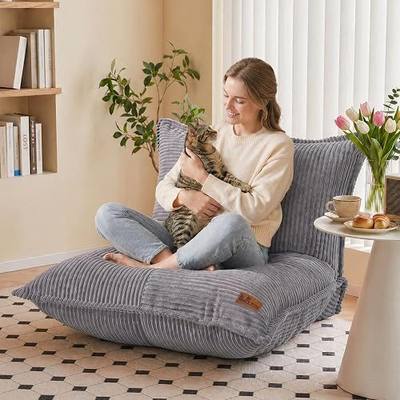 L-Shaped Oversized Bean Bag Chair(L-Lightgrey) | Fluffy Memory Foam Beanbag with Corduroy Fabric for Adults Teens Kids, Lounge Floor Sofa Chair for Living Room Bedroom