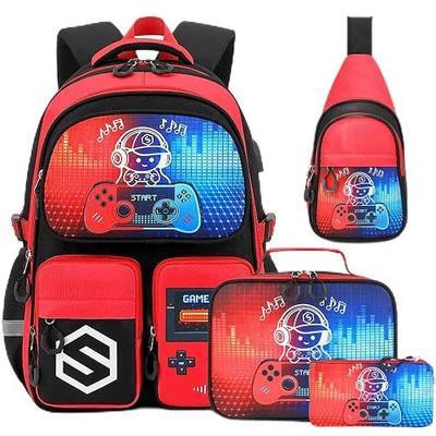 DIGOBAY Backpack for Boys 4PCS Cool Luminous Gamer School Boys Backpack | School Bookbags with Lunch Box Pen Case Sling Bag, USB Charging Port, for Teens Kids Elementary Middle School Bag, Black Red