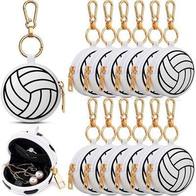 Weysat 12 Pack Volleyball Jewelry Holder Keychain - Portable Ring Keeper Case, Small Travel Ring Box with Zipper, Earring Stud Necklace Storage Case for Men Women