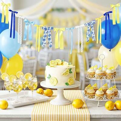 Blue Yellow Lemon Bow Garland, Yellow Gingham Ribbon Bow Banner Garland | Lace and Blue Flower Bows, Amalfi Coast Party Decor, Capri Lemon Birthday, Bridal Shower, Italian Summer Party Decorations