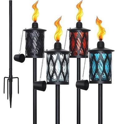 4 Pack Glass Torches for Outside, 14 Oz Citronella Torches with 4-Prong Grounded Stake,30"-59" Outdoor Citronella Torches - for Party,Yard, Garden(Red, Black, White, Blue