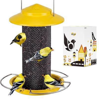 iBorn Tube Bird Feeder for Small Seeds, Wild Bird Feeder with 3 Fold-Down Perches, Detachable Easy-Clean Mesh Design, Locking Base, 1.5L Metal Bird Seed Feeder for Outside, Yellow, Pack of 1