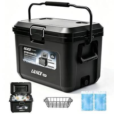 25L Portable Hard Cooler, Insulated Ultra-Light Ice Chest with 2 Ice Blocks, Removable Basket, Metal Pull Handle & Strap, Cooler Keep Ice up to 5 Days for Outdoor, Camping, Road Trip