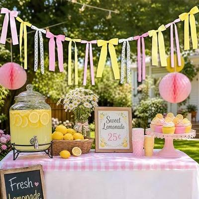 Pink Lemon Yellow Ribbon Bow Garland Pink Yellow Gingham Bow Banner | With Lace Bows, for Lemon Party Decortions, Lemonade Stand Decor, Summer Lemon Birthday, She's Freshly Graduated Party