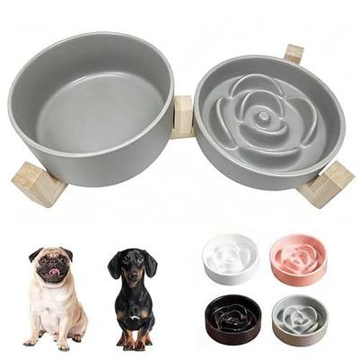 Ceramic Slow Feeder Dog Bowl Set-0.8 Cup Puzzle Dog Food Bowl(≈180g Food) for Fast Eater & 850ML Dog Water Bowl with Wooden Stand for Small Dogs and Cats,Anti-Slip-Gray