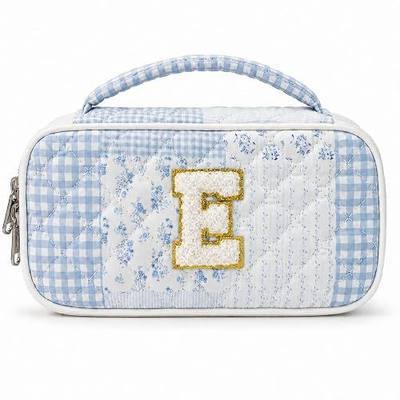 WOBAGMEN Letter Patch Quilted Pencil Case for Girls, Aesthetic Pencil Pouch | Floral Pencil Case with Letter Patch, Large Capacity School Supply Organizer for Middle School College Essentials(E)