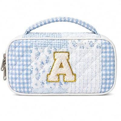 WOBAGMEN Letter Patch Quilted Pencil Case for Girls, Aesthetic Pencil Pouch | Floral Pencil Case with Letter Patch, Large Capacity School Supply Organizer for Middle School College Essentials(A)