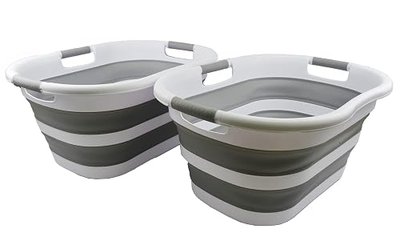 SAMMART 40L (10.5 gallon) Set of 2 Collapsible Plastic Laundry Hamper - Foldable Pop Up Storage Container/Organizer - Portable Washing Tub - Space Saving Basket (2, White/Grey)