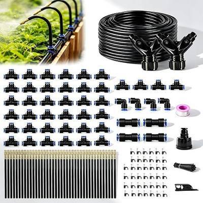5/16" Drip Irrigation System 200 ft with 40-Pcs 360° Adjustable Copper Nozzles, Automatic Misting Watering System for Garden, Raised Beds, Greenhouse (200ft+40 nozzles)