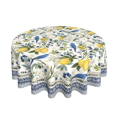 Chinoiserie Tablecloths Blue Floral Bird Square Tablecloth 70 Inch Round Vintage Yellow Lemon Table Cloth Decoration Toile Table Cover Indoor and Outdoor Dinging Polyester Table Home Party Decor