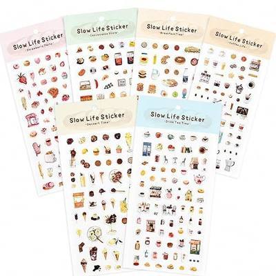SHANGRLA Cute Food Stickers for Journaling and Scrapbooking,6 Sheets | Kawaii Mini Sticker with Breakfast Coffee Dessert Strawberry Tea and Store Designs,Decorative Planner Stickers for Adults