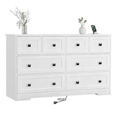 White 8 Drawer Dresser for Bedroom with Power Outlets Wide Chest of Drawers with Smooth Guide Rail Modern Wooden Dressers with Metal Handle Large for Bedroom Living Room Hallway Closet