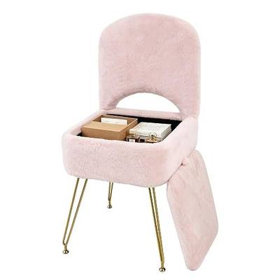 Vanity Stool Chair with Storage and Folding Back, 4 Metal Legs with Anti-Slip Feet, 15.8" x 15.8" x 33" Square Ottoman with Furry Padded Seat for Makeup, Bedroom,Pink