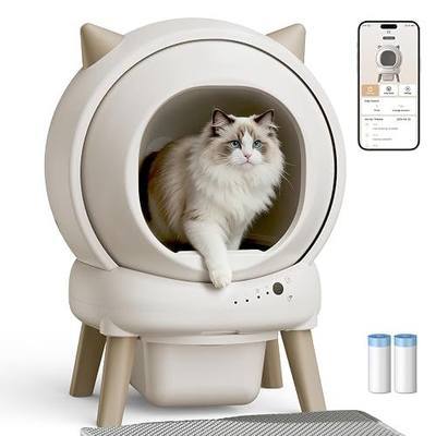 Automatic Litter Box with App Control, Smart Self Cleaning Cat Litter Box Easy Clean Disassembly,Suitable for Medium Cats, Electric Cat Boxes Robot for Multiple Cats Self Scooping Ivory White