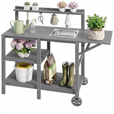 YEFU Potting Bench with Sink, All-Weather Resistant,Grey | HIPS Outdoor Potting Table, Folding Extension/Wheels,For Outside Gardening&Planting,Patio/Backyard/Porch,520lbs Capacity