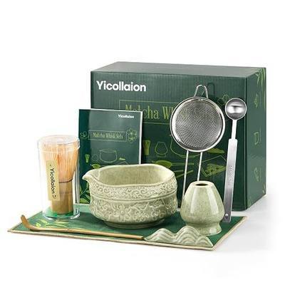 Matcha Whisk Set, Matcha Kit 9-Pcs, Bamboo Whisk and Ceramic Bowl with Spout & Measuring Spoon & Cup, Japanese Ceremony Matcha Tea Making Tools, Ideal Gift for Tea lover