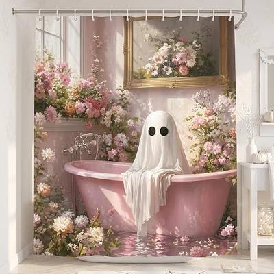 Ghost Shower Curtain for Bathroom, Halloween Pink Flower Bath Tub Curtain, Waterproof Bathroom Bathtub Decor (71 X 71 Inches)