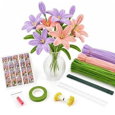 Pipe Cleaners Flowers Kit,Pink Tulip DIY Craft Supplies – Include 200Pcs Pipe Cleaners, Floral Tape, Stems, Stamens, Glue Sticks,Tutorials for Making Bouquet Gift for Mother's & Teacher's Day (Type 3)