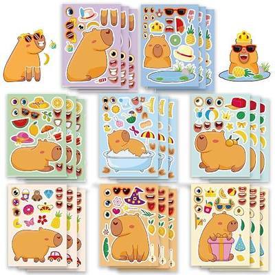 Capybara Make-a-Face Stickers 24 Sheets, Kids Party Crafts & Decor | 24 sheets, 8 capybara designs. Mix & match eyes, mouths & accessories. Non-toxic vinyl, peel & stick. For parties & rewards.