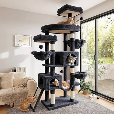 SHA CERLIN 82 inch Cat Tree Tower, Multi-Level Cat Condo with Plush Perches, Sisal Scratching Posts, Hammock and Toys, Stable Cat Tower for Kittens and Adult Cats, Dark Grey