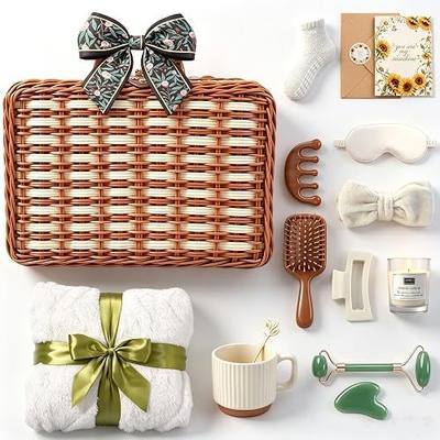Birthday Gifts for Women, 15-Pc Vintage Woven Suitcase Spa Gift Basket Self Care Package w/ Blanket & Gemstone Roller, Christmas Mothers Day Get Well Soon Gifts for Mom Her Wife Sister Friend (Green)