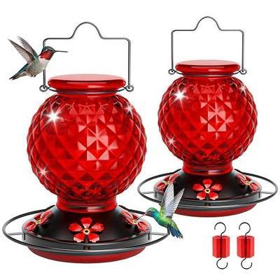 Glass Hummingbird feeders for Outdoors, 5 Feeding Ports Hummingbird Feeder, Wide Mouth for Easy Filling/Cleaning, Hanging for Garden Backyard Decor, Includes Ant Moat (Red 2 Pack)