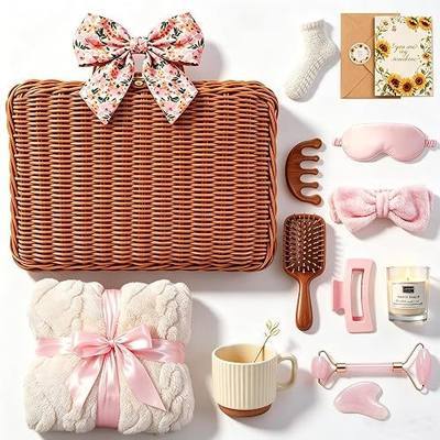 Birthday Gifts for Women, 15-Pc Vintage Woven Suitcase Spa Gift Basket Self Care Package w/ Blanket & Gemstone Roller, Christmas Mothers Day Get Well Soon Gifts for Mom Her Wife Sister Friend (Pink)