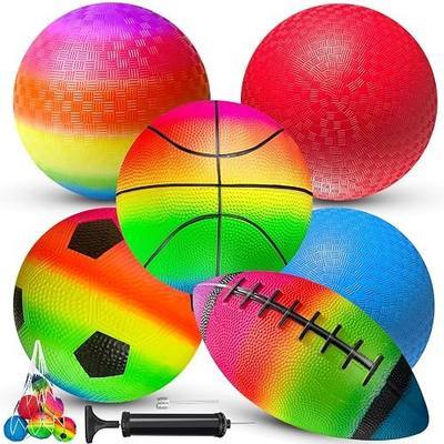 8.5 Inch Rainbow Sports Balls Set for Kids with Pump and Net Bag, Pack of 6 – Basketball Soccer Volleyball Football Colorful Playground Balls, Inflatable Outdoor Playground Ball Toys for Boys Girls