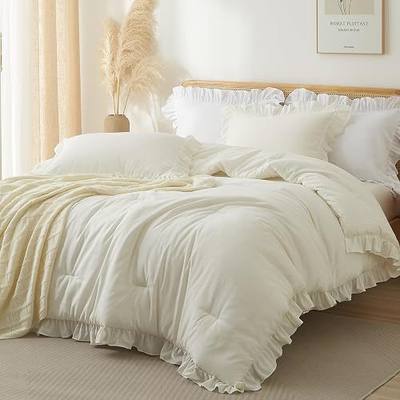 Ruffled Comforter Set Full Size, Cream White Shabby Chic Bedding | 3-Piece Romantic Farmhouse Bedding, Ultra Soft & Lightweight, Fluffy Quilt Set All-Season, Fade Resistant, Machine washable