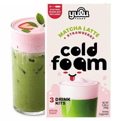 Yulu Instant Latte Kit, Matcha Drink Mix with Strawberry Cold Foam Topping, Café-Style Iced Tea Blend, Includes Powder Packets, Easy DIY Beverage Kit, 3 Drink Sets (Strawberry)